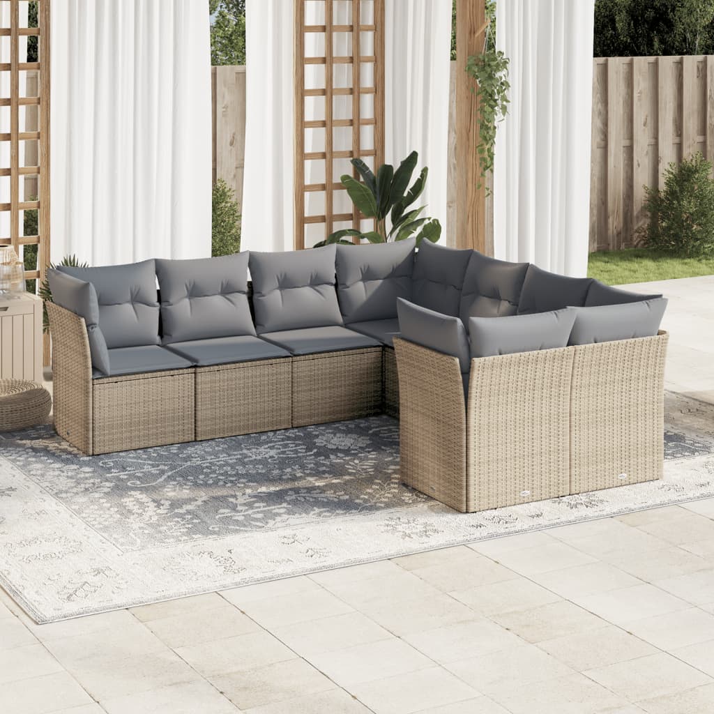 8 Pcs conjunto de sofás p/ jardim com almofadões vime PE bege