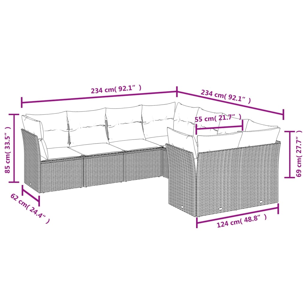 8 Pcs conjunto de sofás p/ jardim com almofadões vime PE bege
