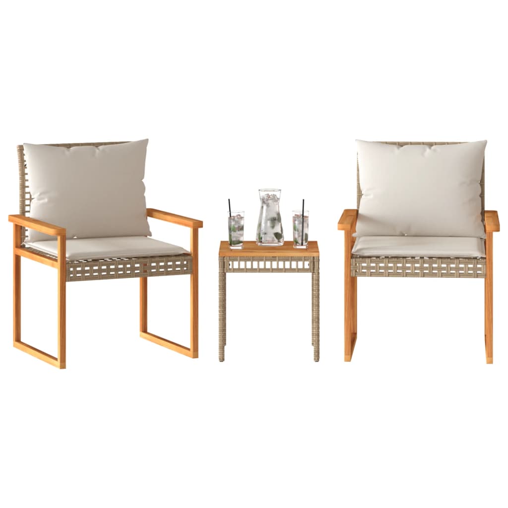 3 Pcs conj. bistrô c/ almofadões vime PE/acácia mistura beges