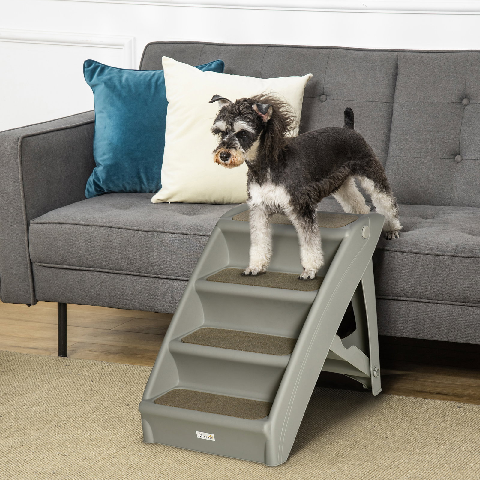Escada dobrável para animais de estimação de 4 degraus portátil com tapetes antiderrapantes 62x38x49,5cm cinza