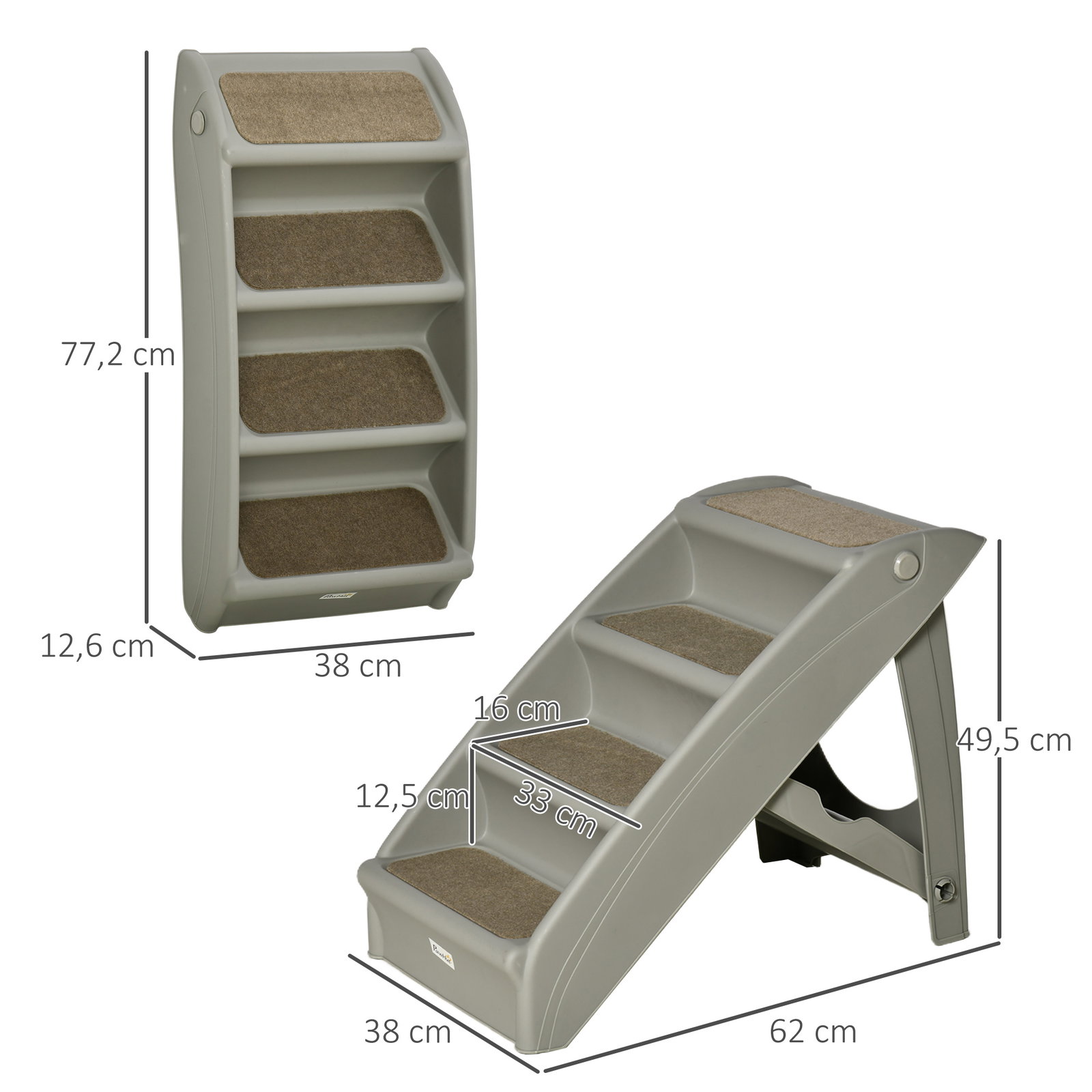 Escada dobrável para animais de estimação de 4 degraus portátil com tapetes antiderrapantes 62x38x49,5cm cinza