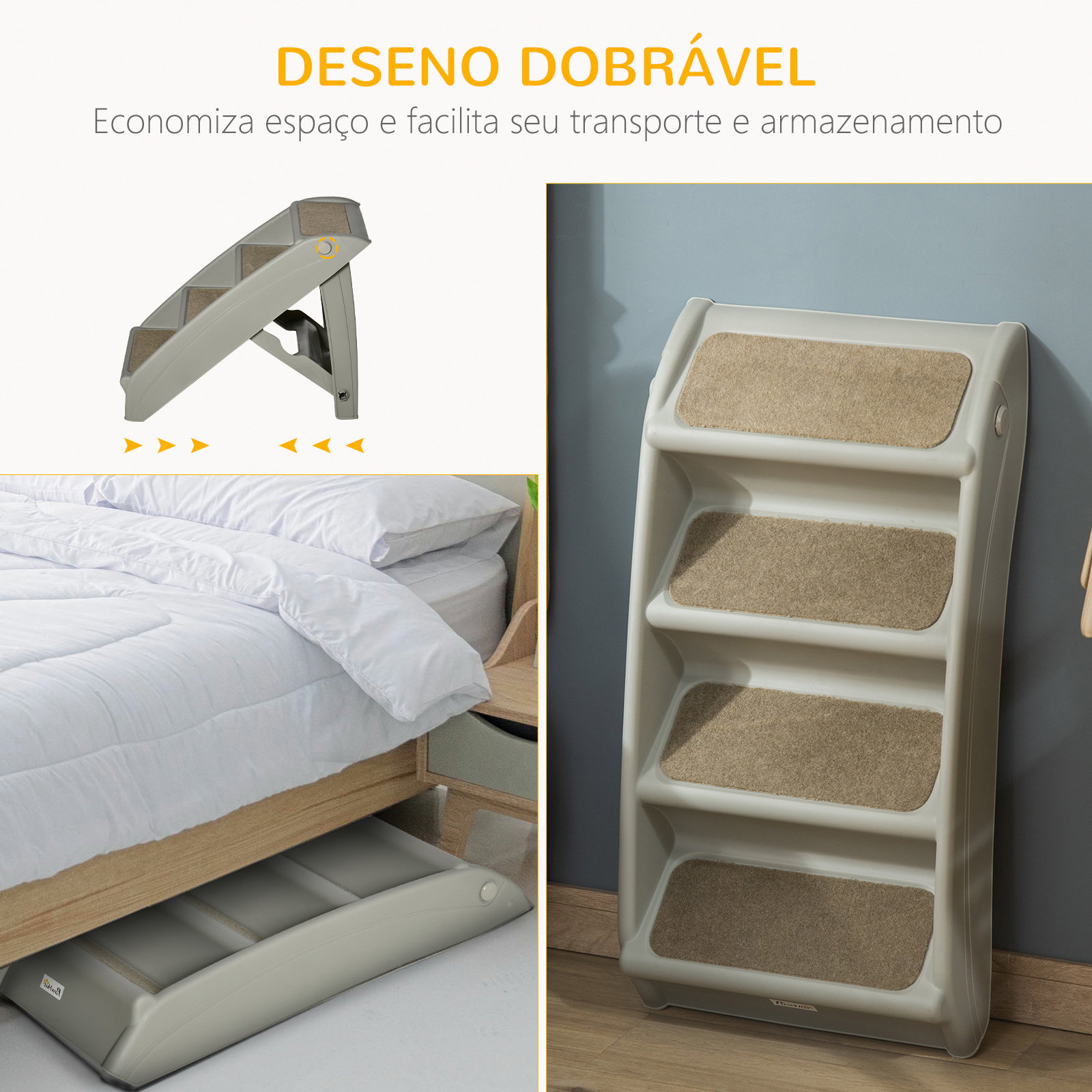 Escada dobrável para animais de estimação de 4 degraus portátil com tapetes antiderrapantes 62x38x49,5cm cinza