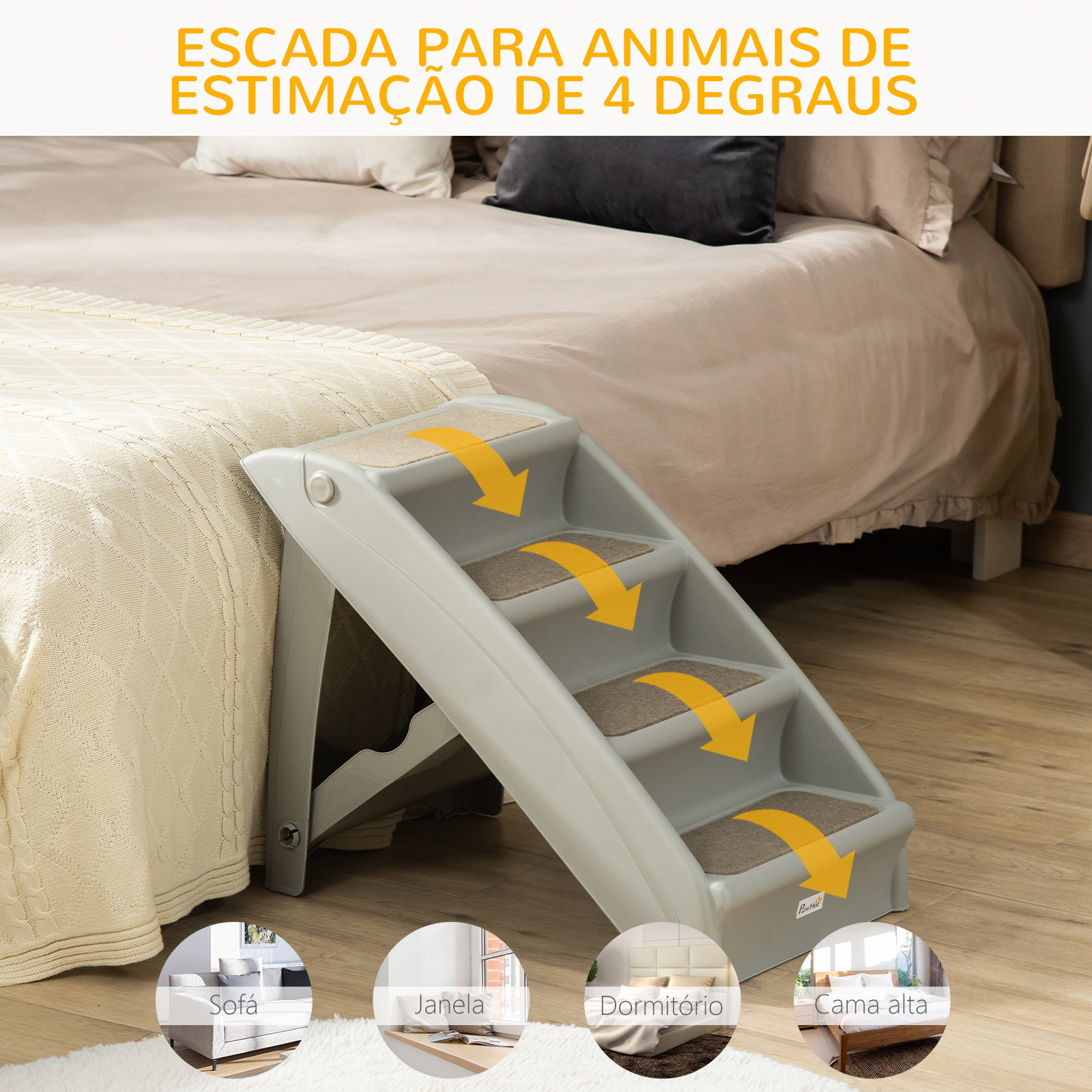 Escada dobrável para animais de estimação de 4 degraus portátil com tapetes antiderrapantes 62x38x49,5cm cinza