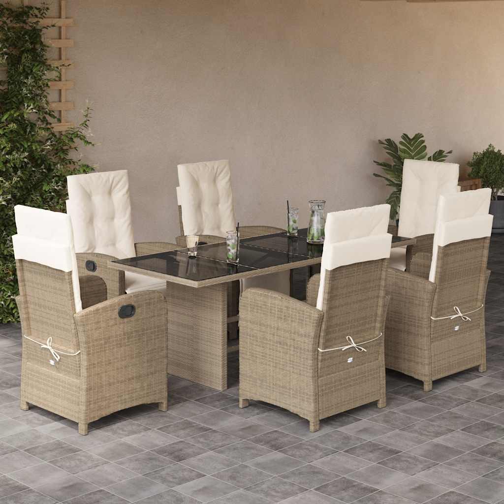 7 Pcs conjunto de jantar p/ jardim com almofadões vime PE bege