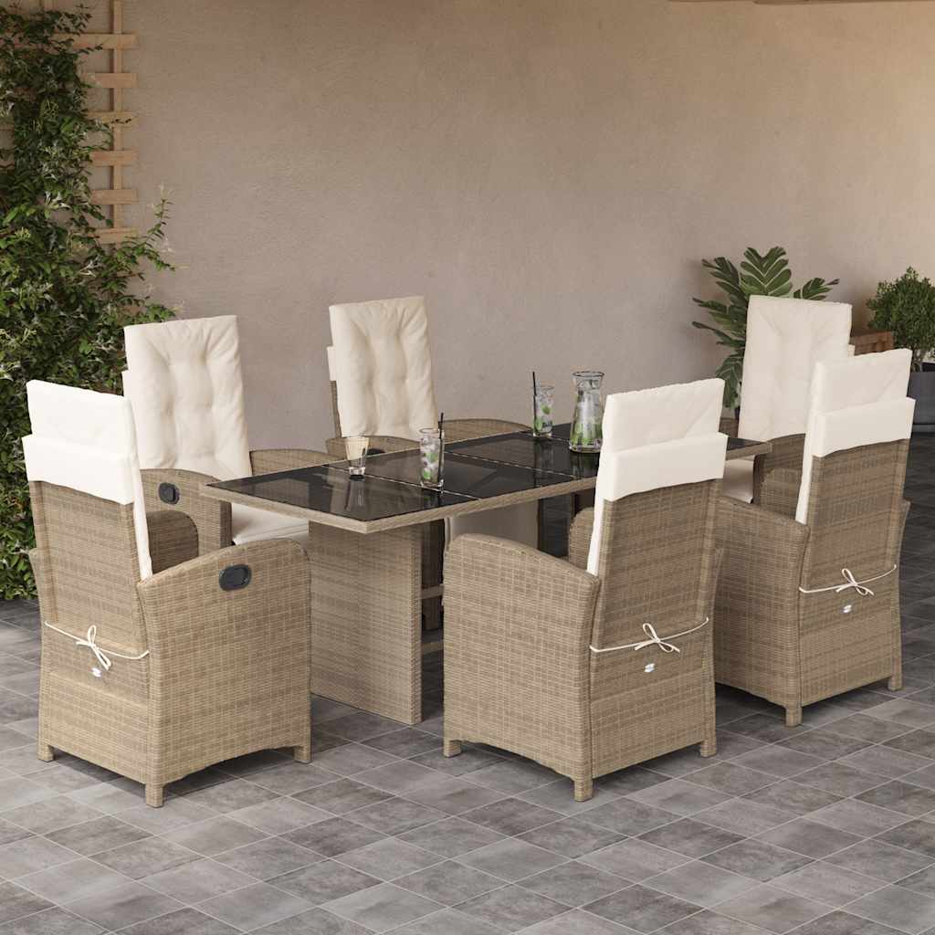 7 Pcs conjunto de jantar p/ jardim com almofadões vime PE bege