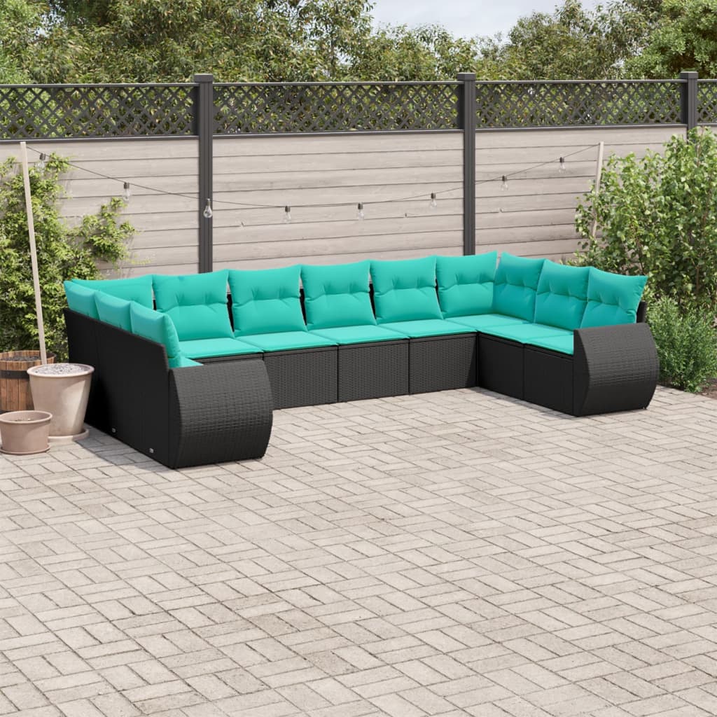 Conjunto de sofá de jardim com 10 peças e almofadas em rattan sintético preto