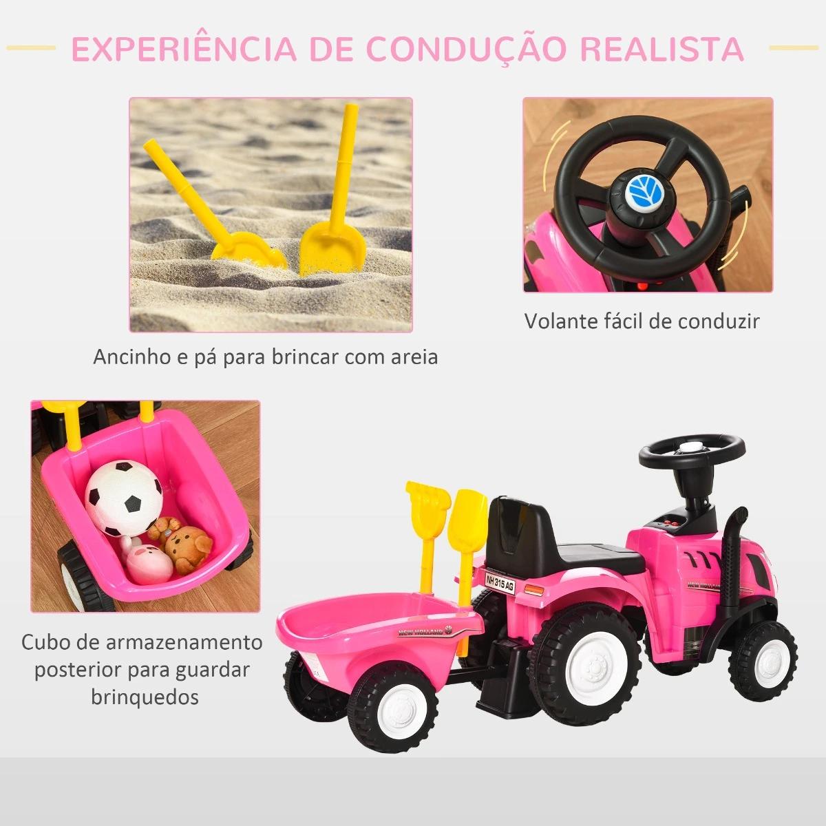 Trator para Crianças de 12-36 Meses com Reboque Removível Carro Andador com Buzina Farol Pá e Ancinho Carga 25kg 91x29x44cm Rosa