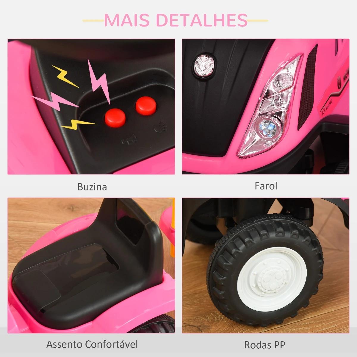 Trator para Crianças de 12-36 Meses com Reboque Removível Carro Andador com Buzina Farol Pá e Ancinho Carga 25kg 91x29x44cm Rosa