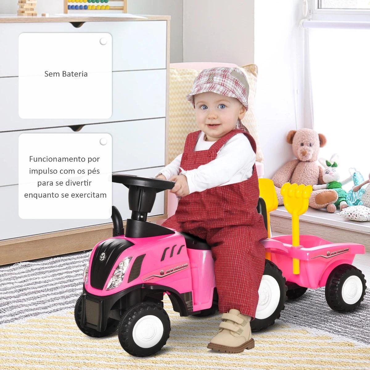 Trator para Crianças de 12-36 Meses com Reboque Removível Carro Andador com Buzina Farol Pá e Ancinho Carga 25kg 91x29x44cm Rosa
