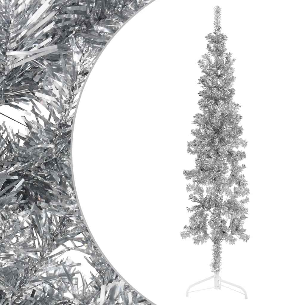 Meia árvore de natal fina com suporte 180 cm prateado
