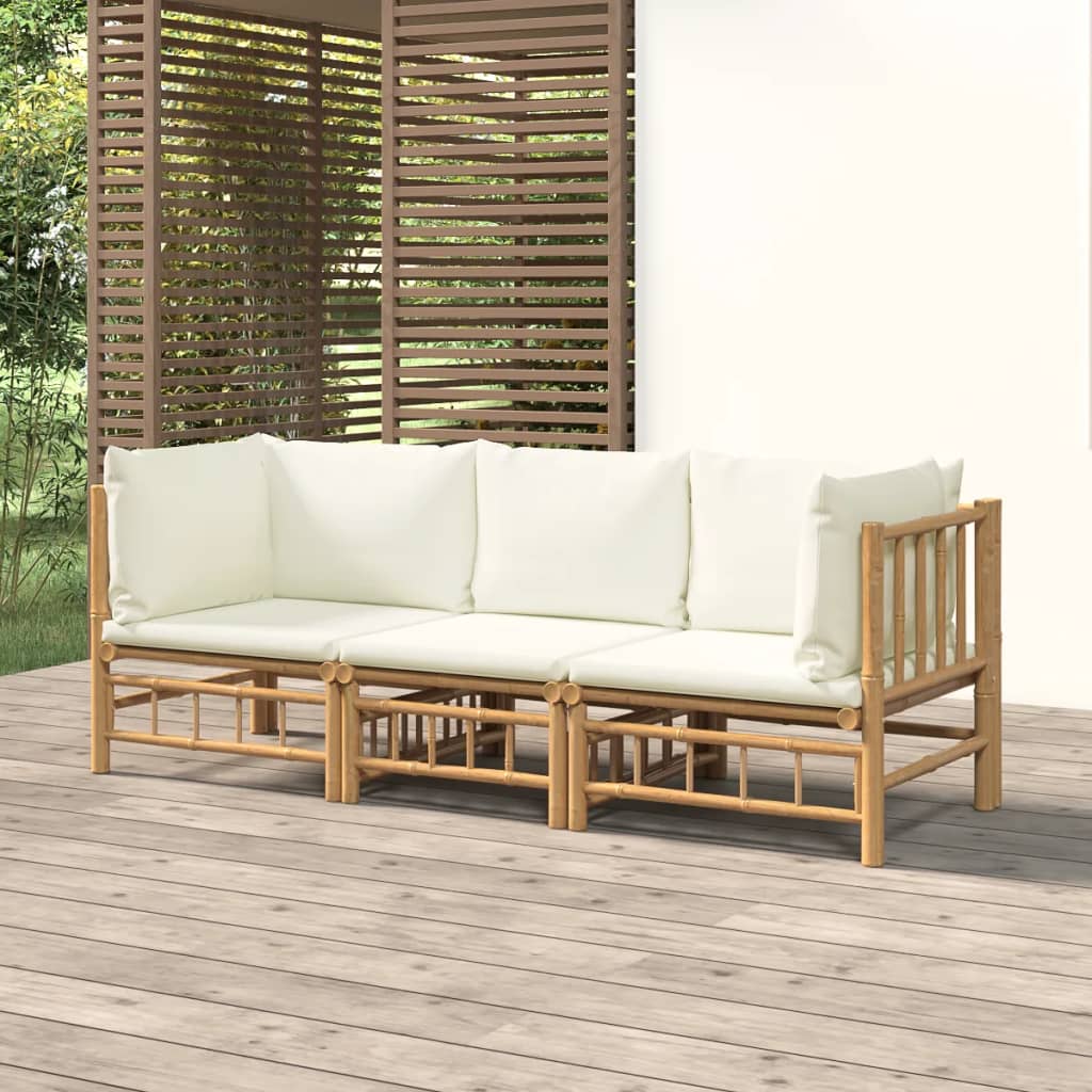 3 Pcs conjunto lounge de jardim bambu c/ almofadões branco nata