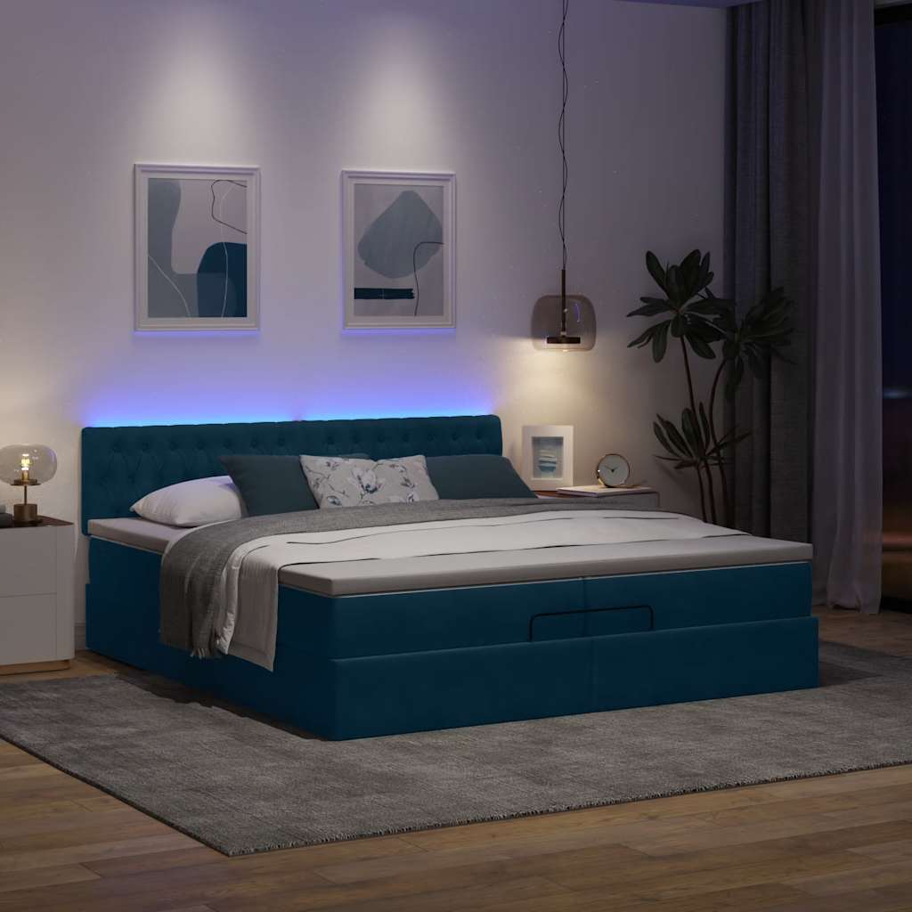 Cama otomana com colchões/leds 200x200 cm veludo azul-escuro