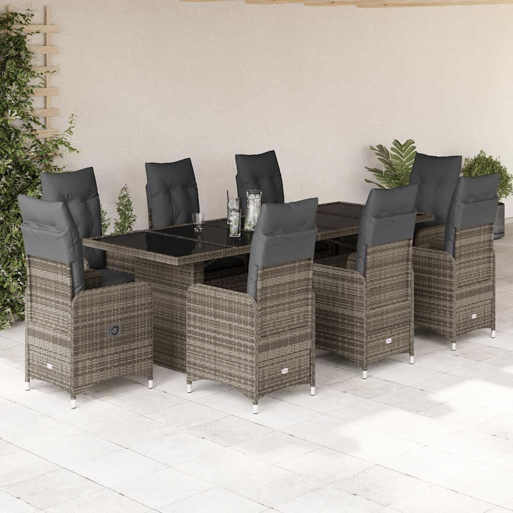 9 Pcs conjunto bistrô de jardim c/ almofadões vime PE cinzento