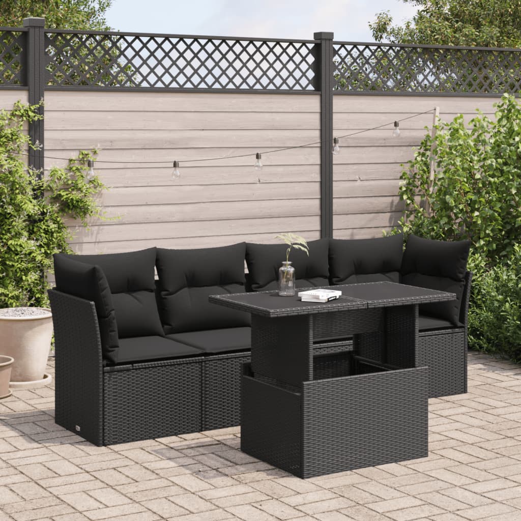5 Pcs conjunto sofás de jardim com almofadões vime PE preto