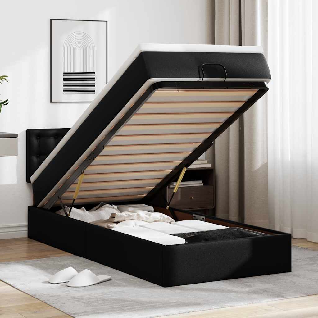 Cama otomana com colchão 90x200 cm couro artificial preto