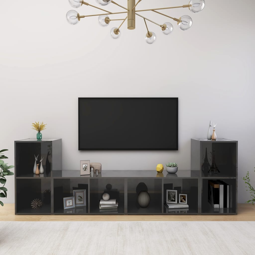 Móveis de TV 4 pcs derivados de madeira cinza brilhante