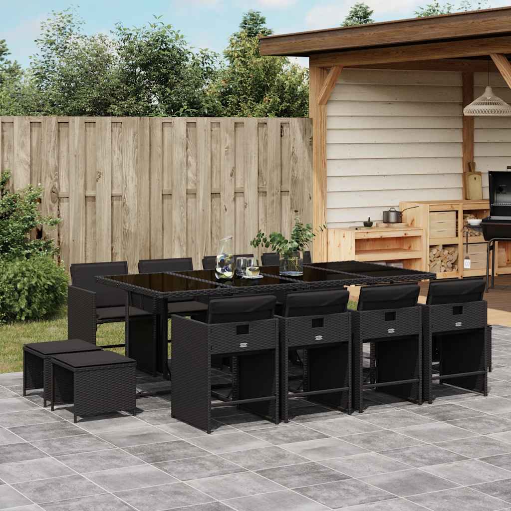 13 Pcs conjunto de jantar p/jardim com almofadões vime PE preto