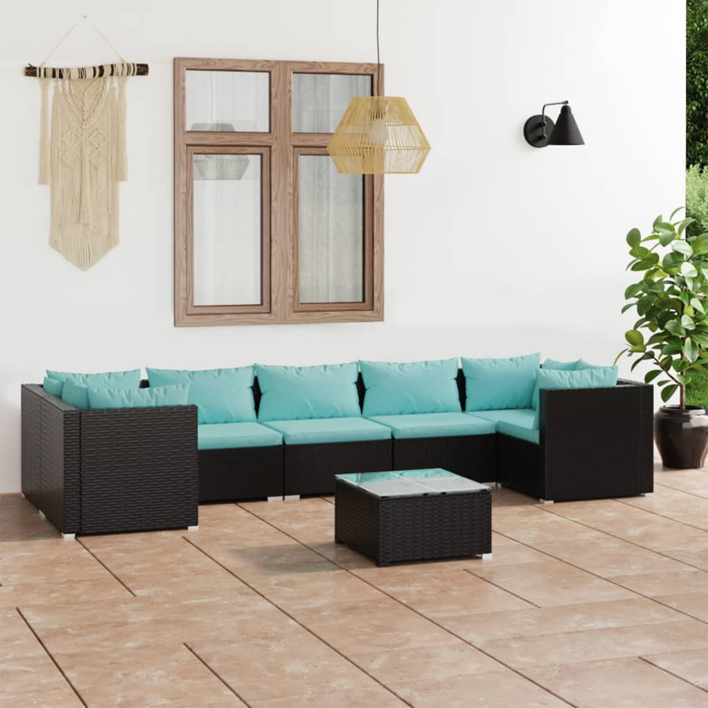 8 Pcs conjunto lounge de jardim c/ almofadões vime PE preto
