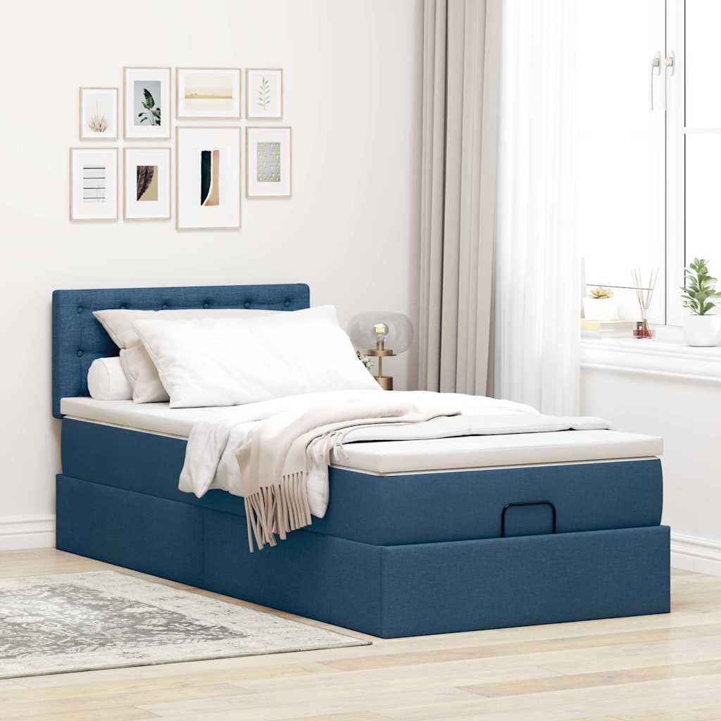 Estrutura de cama otomana com colchão tecido azul 90x190cm