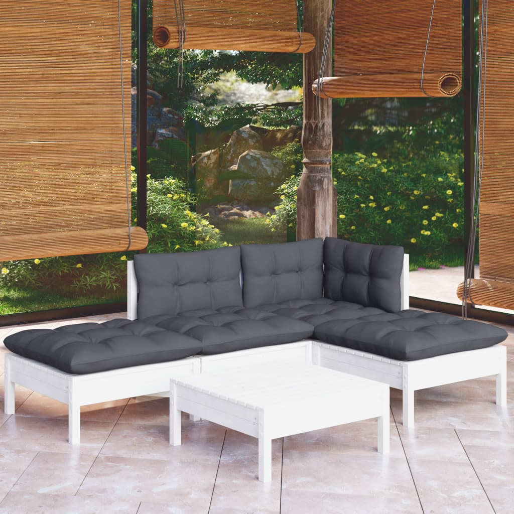 5 Pcs conjunto lounge de jardim c/ almofadões pinho branco