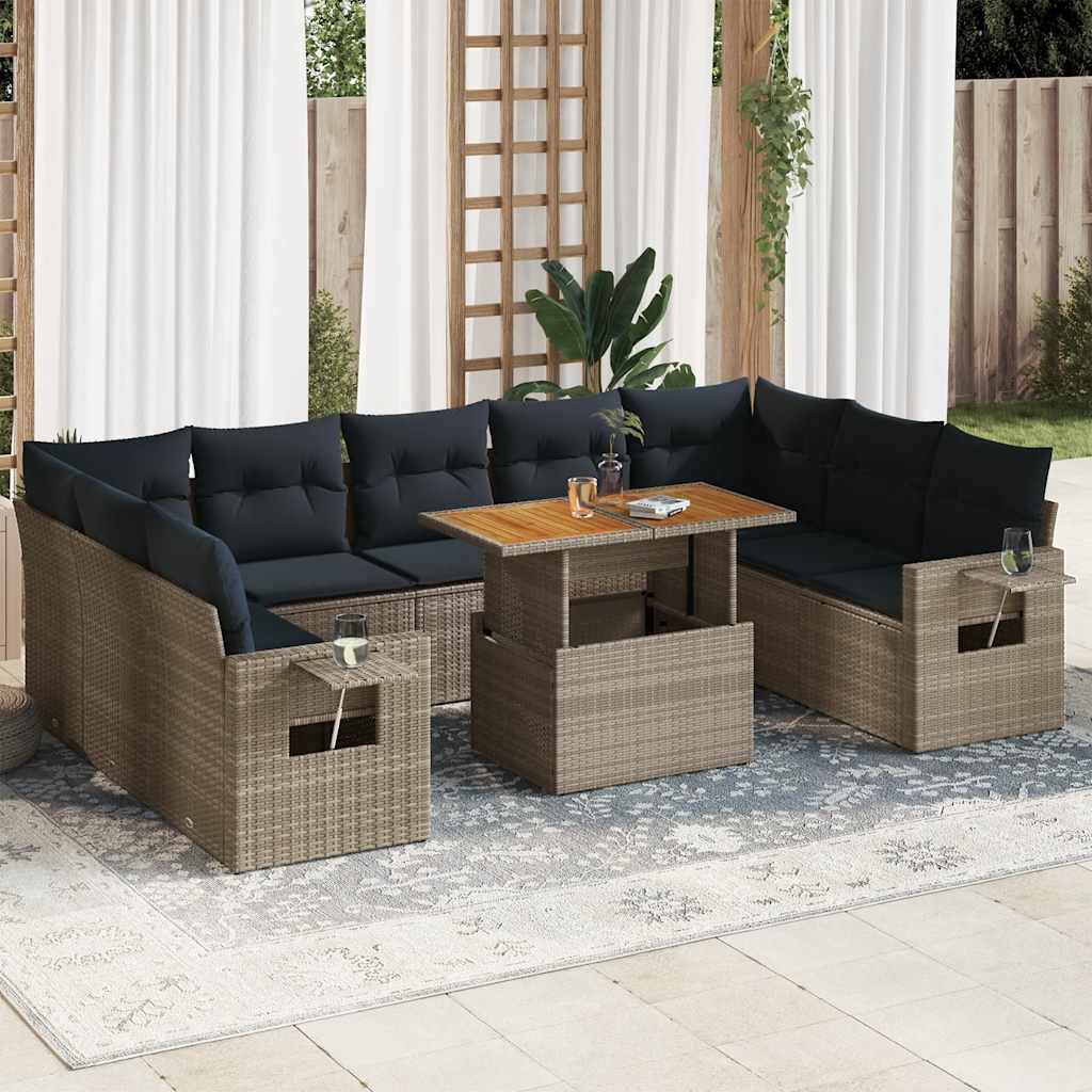 10 Pcs conjunto sofás de jardim c/ almofadões vime PE cinzento