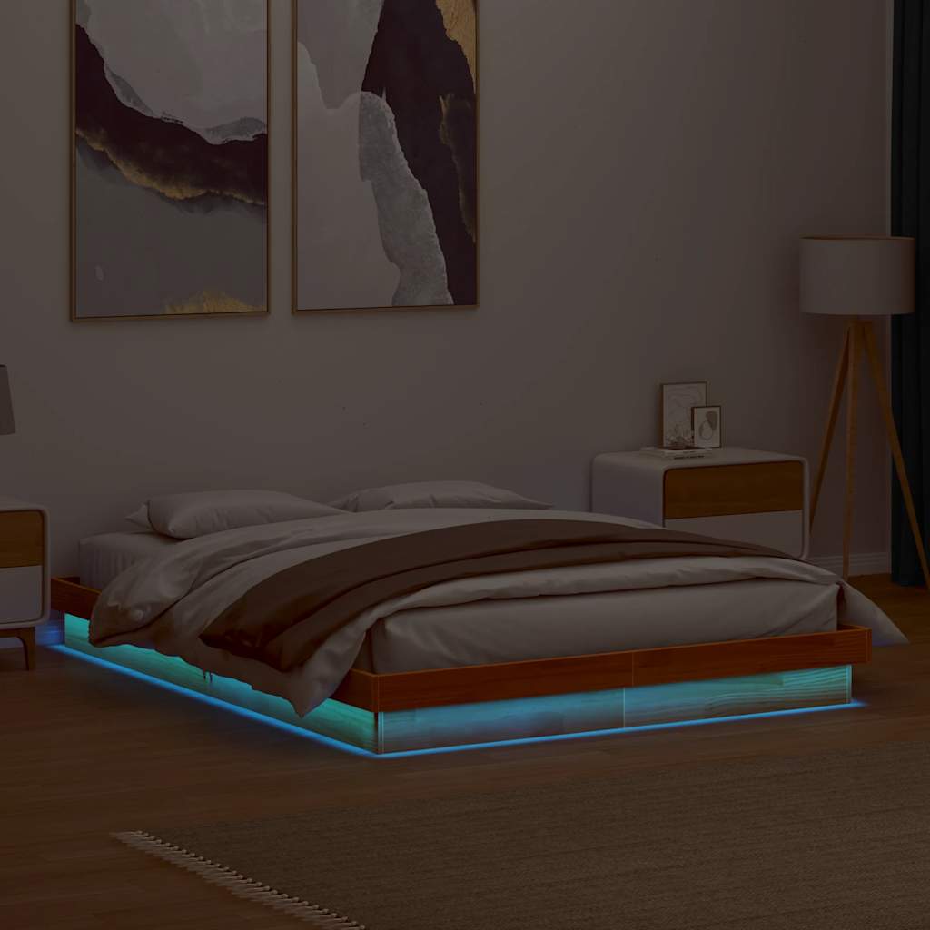 Estrutura de cama c/ leds 150x200 cm pinho maciço castanho mel