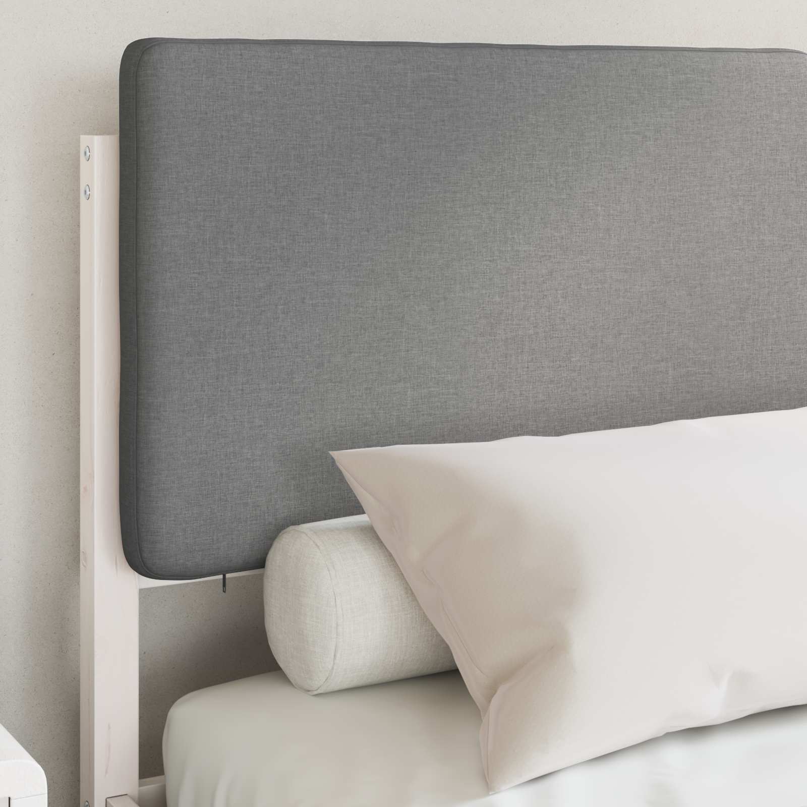 Estrutura de cama com cabeceira estofada cinzento-claro