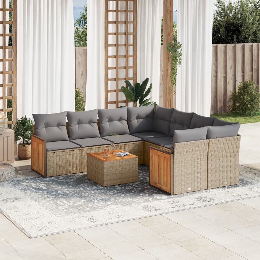 9 Pcs conjunto de sofás p/ jardim com almofadões vime PE bege