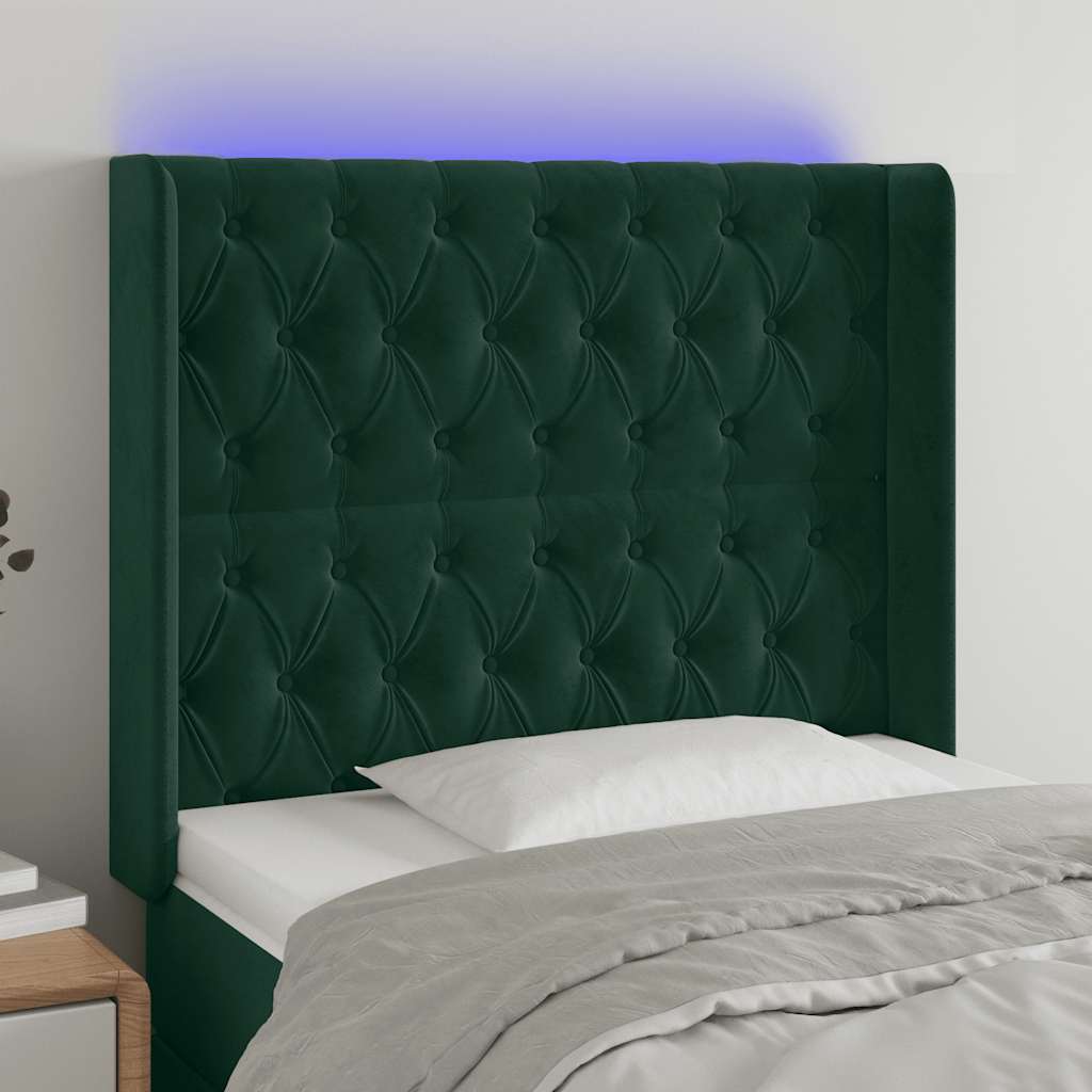 Cabeceira de cama c/ LED veludo 103x16x118/128 cm verde-escuro