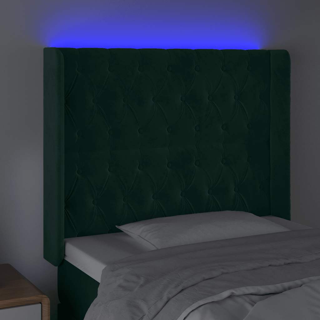 Cabeceira de cama c/ LED veludo 103x16x118/128 cm verde-escuro