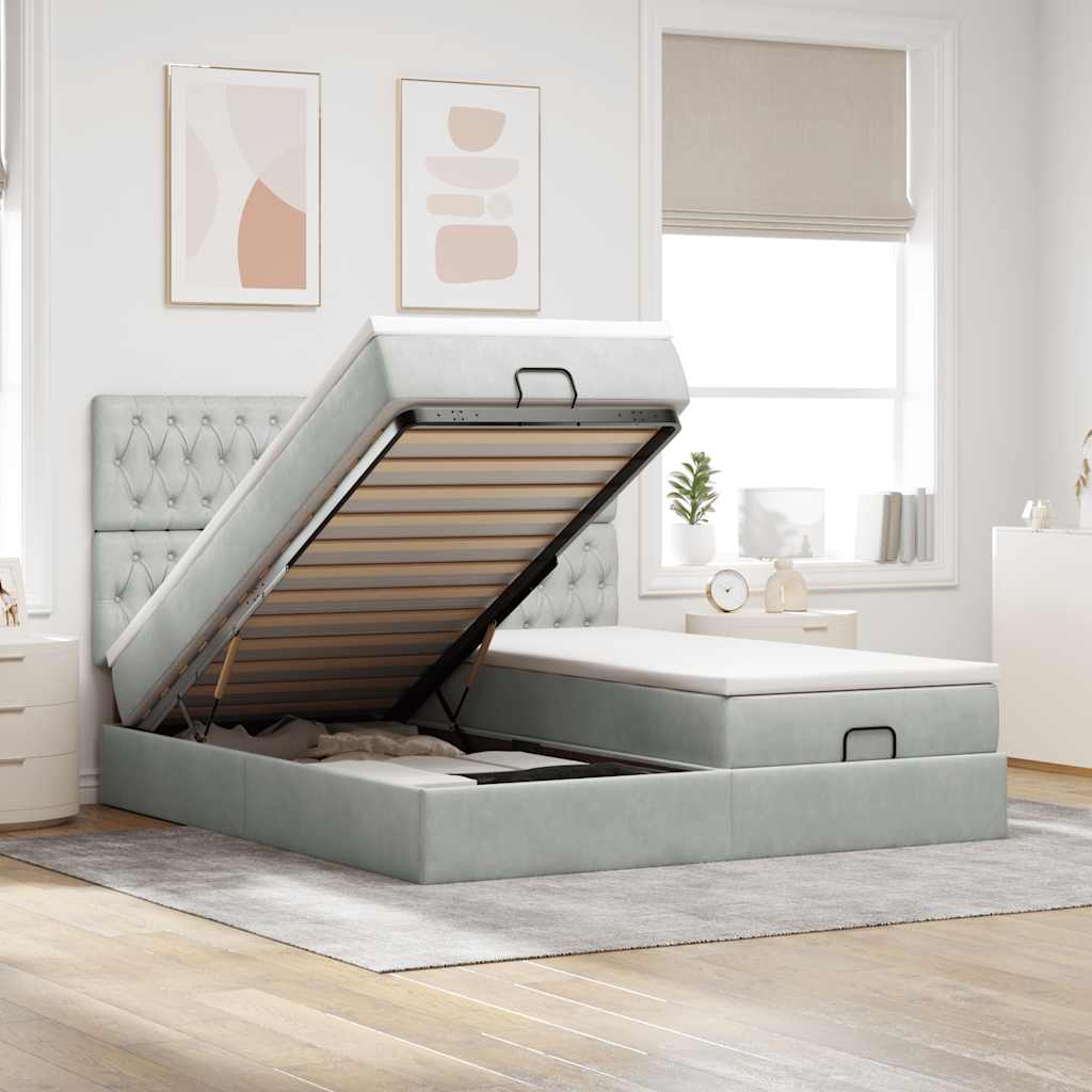 Estrutura cama otomana colchões 160x200cm veludo cinzento claro