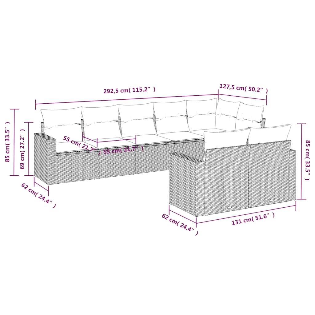8 Pcs conjunto sofás de jardim com almofadões vime PE preto