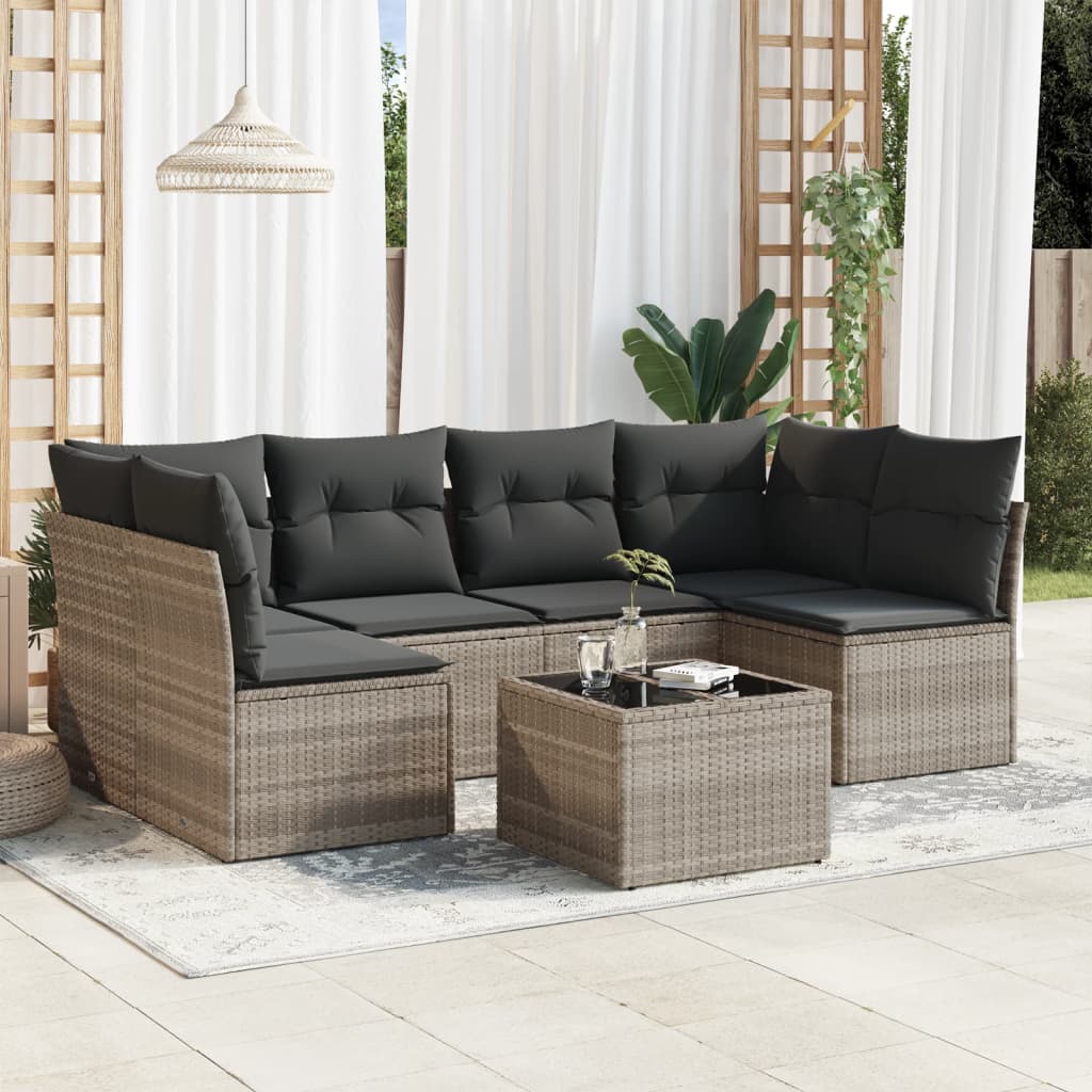 7 Pcs conj. sofás jardim com almofadões vime PE cinzento-claro