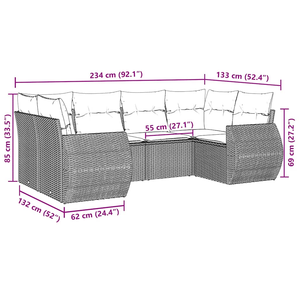 6 Pcs conjunto sofás de jardim c/ almofadões vime PE preto