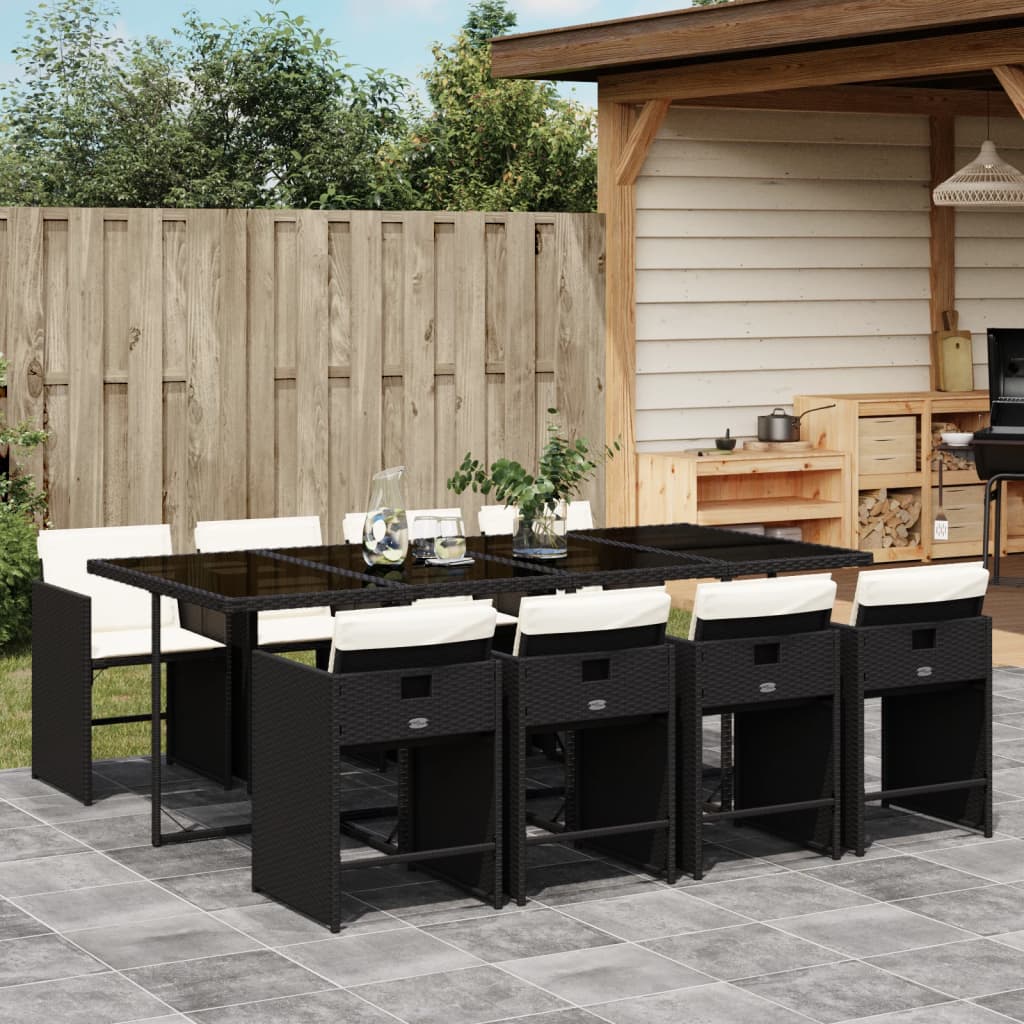 9 Pcs conjunto de jantar p/ jardim c/ almofadões vime PE preto