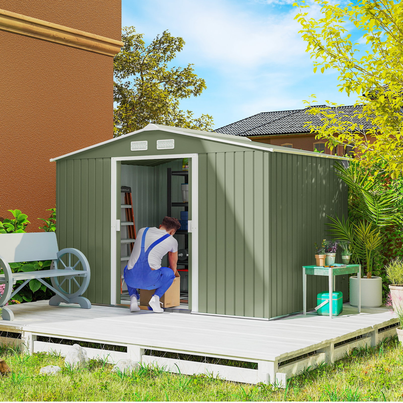 Abrigo de jardim 4,83m² 277x195x192cm abrigo metálico para armazenamento de ferramentas com base de reforço incluída verde claro