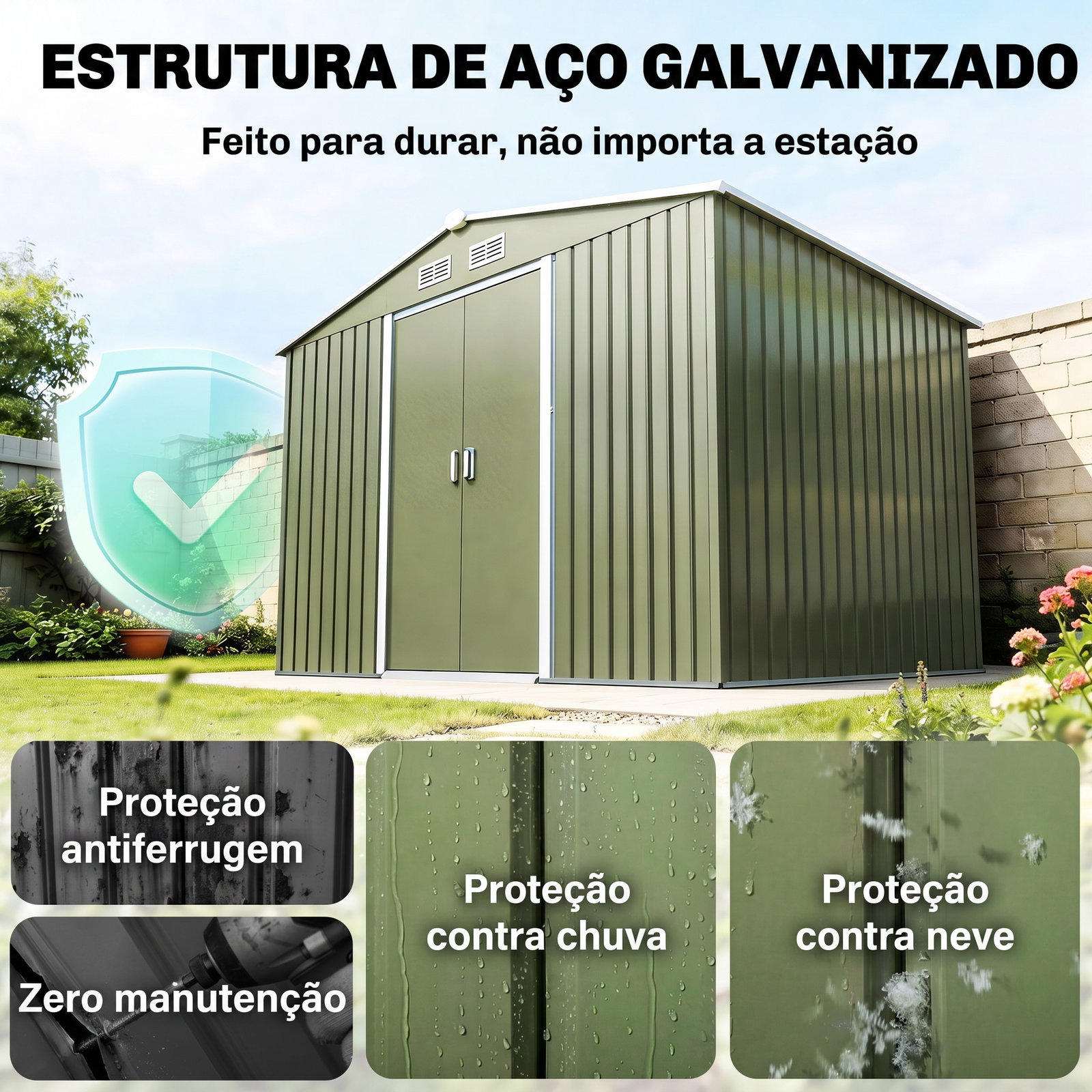 Abrigo de jardim 4,83m² 277x195x192cm abrigo metálico para armazenamento de ferramentas com base de reforço incluída verde claro