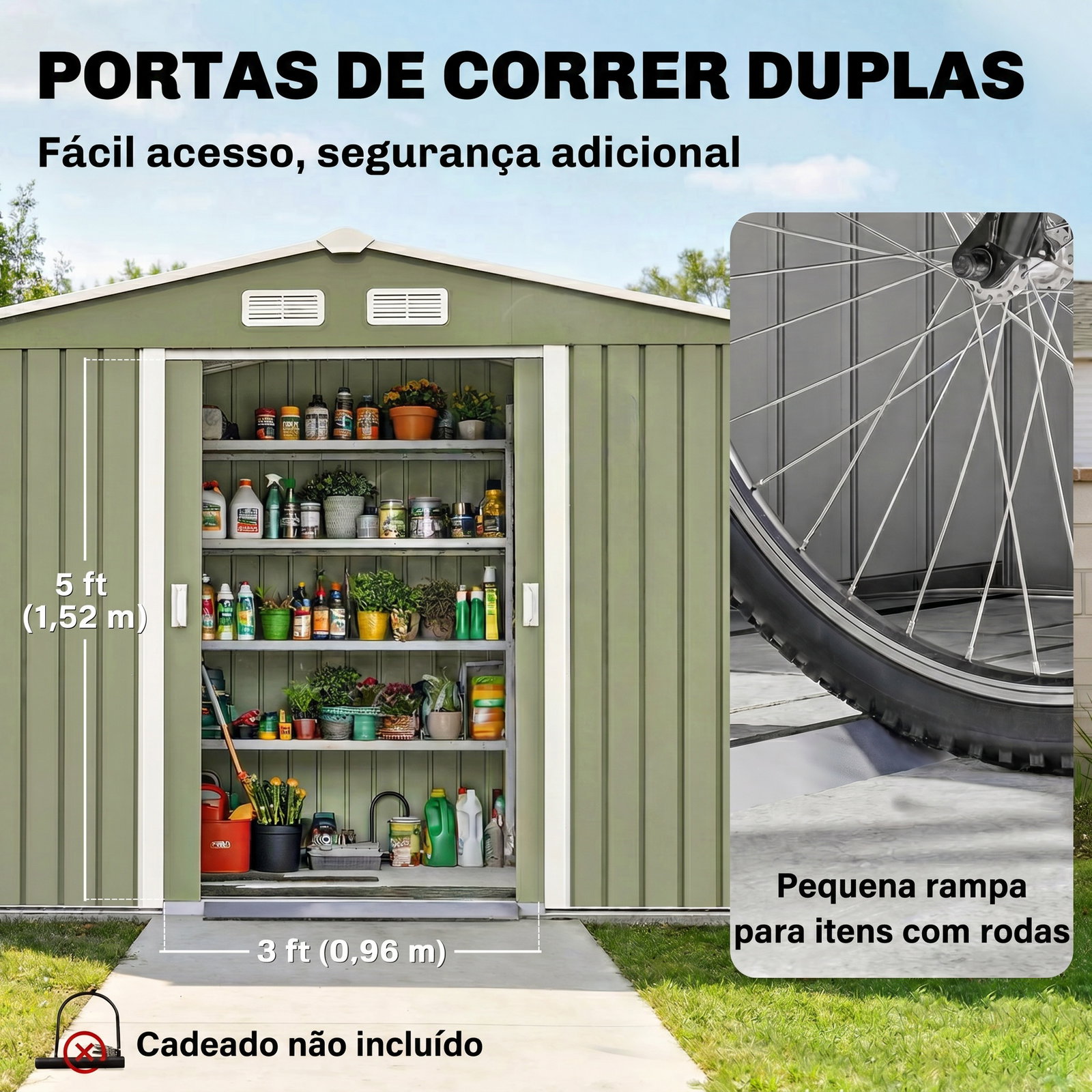 Abrigo de jardim 4,83m² 277x195x192cm abrigo metálico para armazenamento de ferramentas com base de reforço incluída verde claro