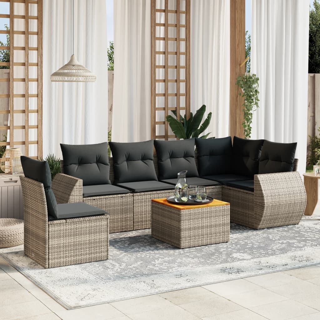 7 Pcs conjunto sofás p/ jardim c/ almofadões vime PE cinzento