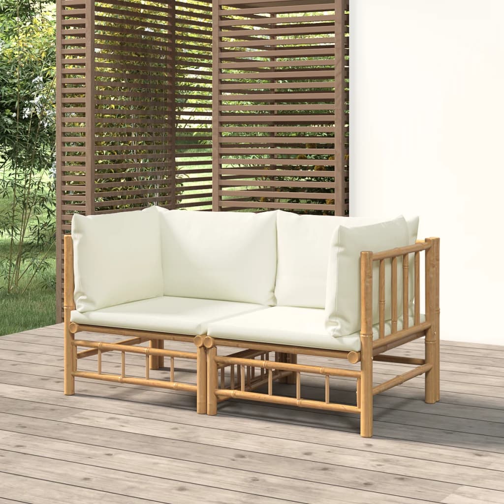 2Pcs sofás de canto para jardim bambu c/ almofadões branco nata