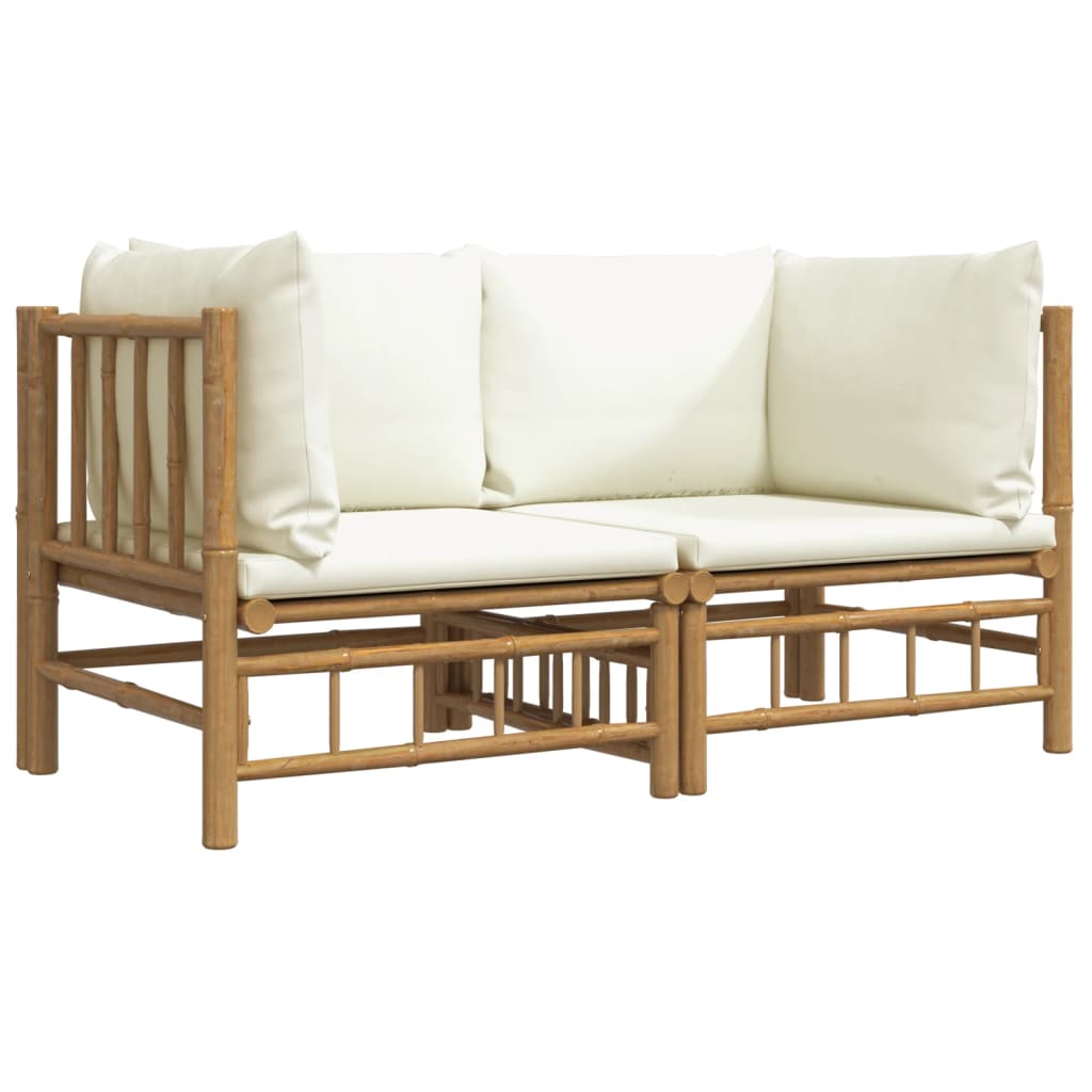 2Pcs sofás de canto para jardim bambu c/ almofadões branco nata