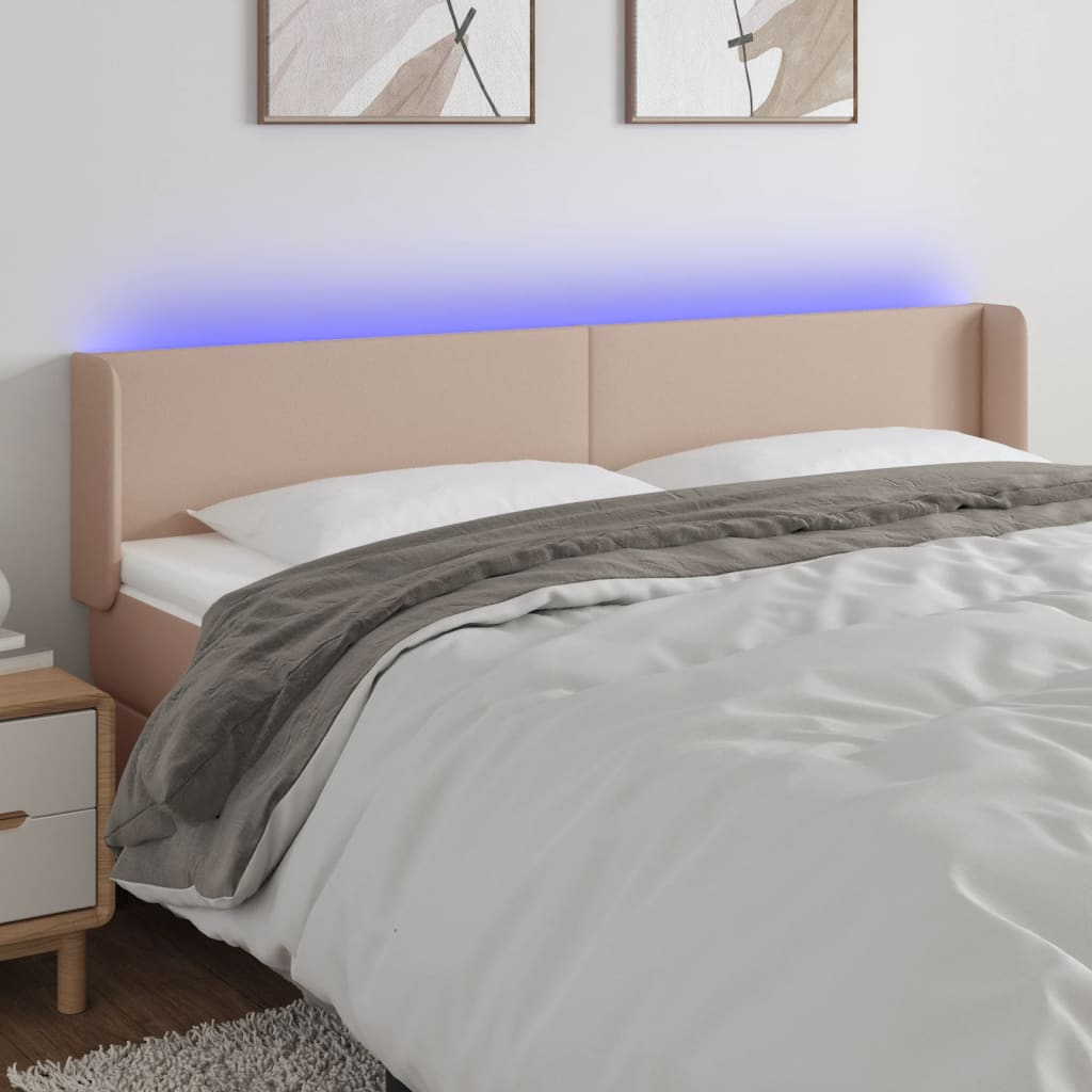 Cabeceira cama LED couro artificial 183x16x78/88 cm cappuccino
