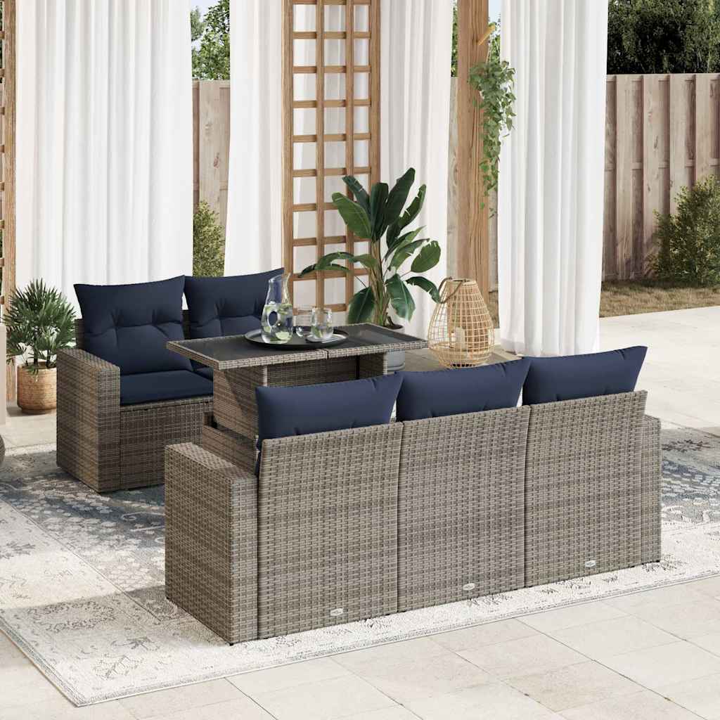 6 Pcs conjunto sofás jardim com almofadões PE/acácia cinzento