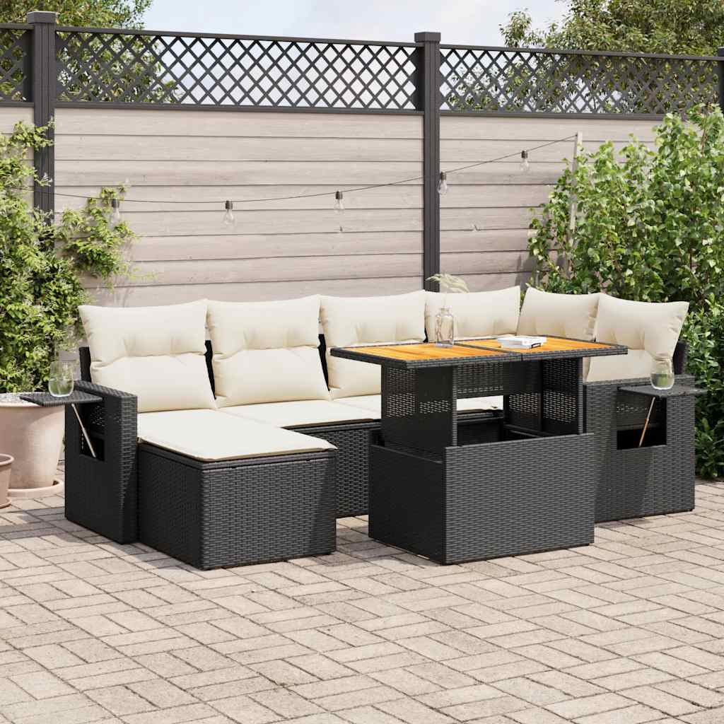 7 Pcs conjunto de sofás p/ jardim c/ almofadões vime PE preto