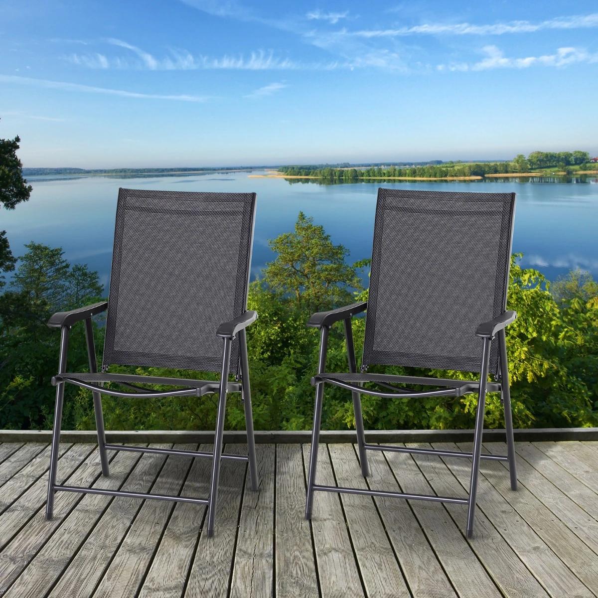 Conjunto de 2 cadeiras dobráveis para exterior com apoio de braços Cadeiras para varanda Jardim Terraço 58x64x94 cm Preto Carga