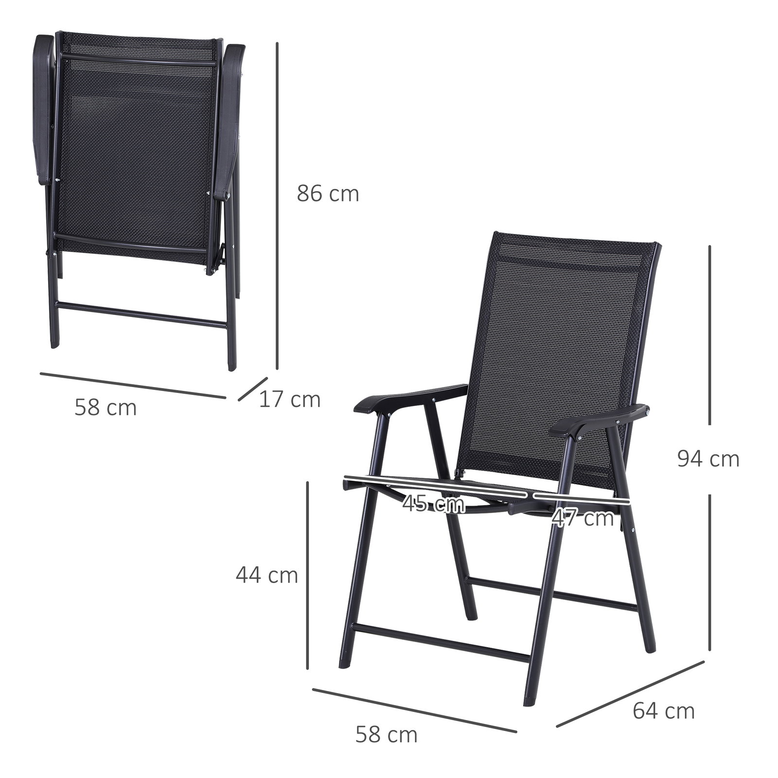 Conjunto de 2 cadeiras dobráveis para exterior com apoio de braços Cadeiras para varanda Jardim Terraço 58x64x94 cm Preto Carga