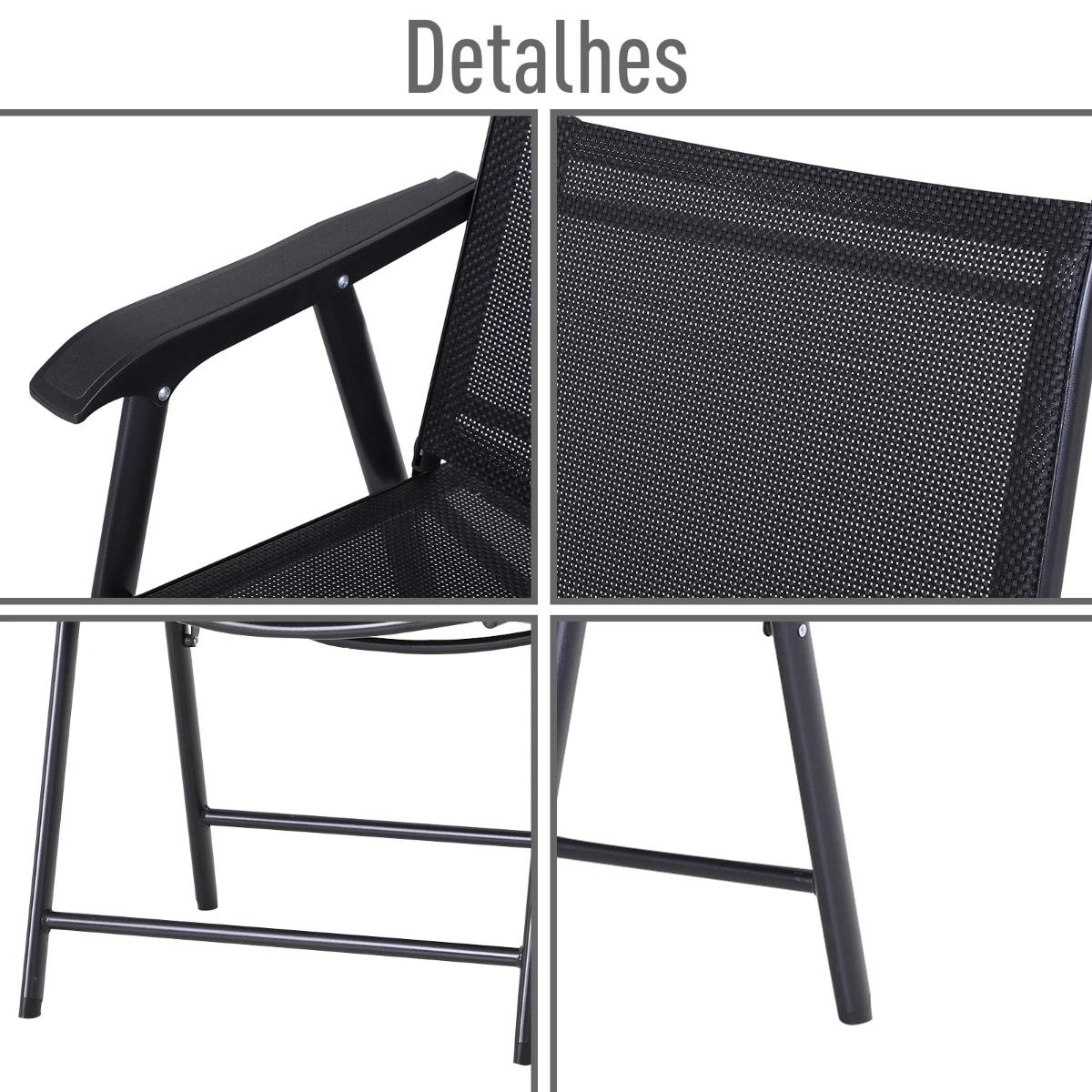 Conjunto de 2 cadeiras dobráveis para exterior com apoio de braços Cadeiras para varanda Jardim Terraço 58x64x94 cm Preto Carga