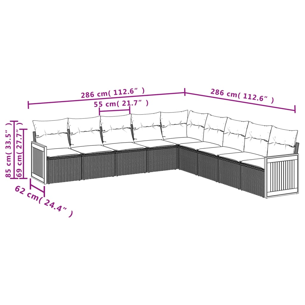 9 Pcs conjunto de sofás p/ jardim com almofadões vime PE bege