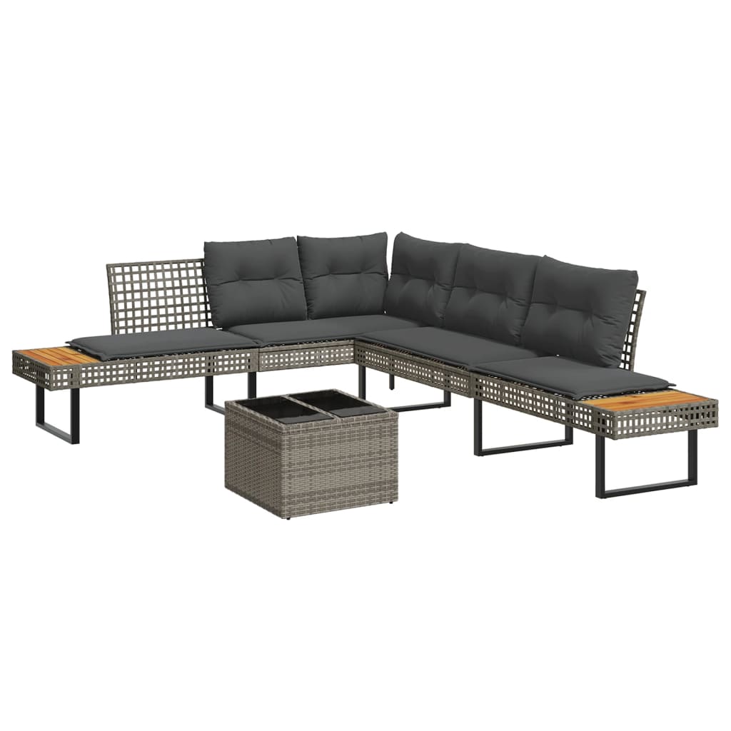 2 Pcs conj. sofás p/ jardim c/ almofadões vime PE e vidro cinza