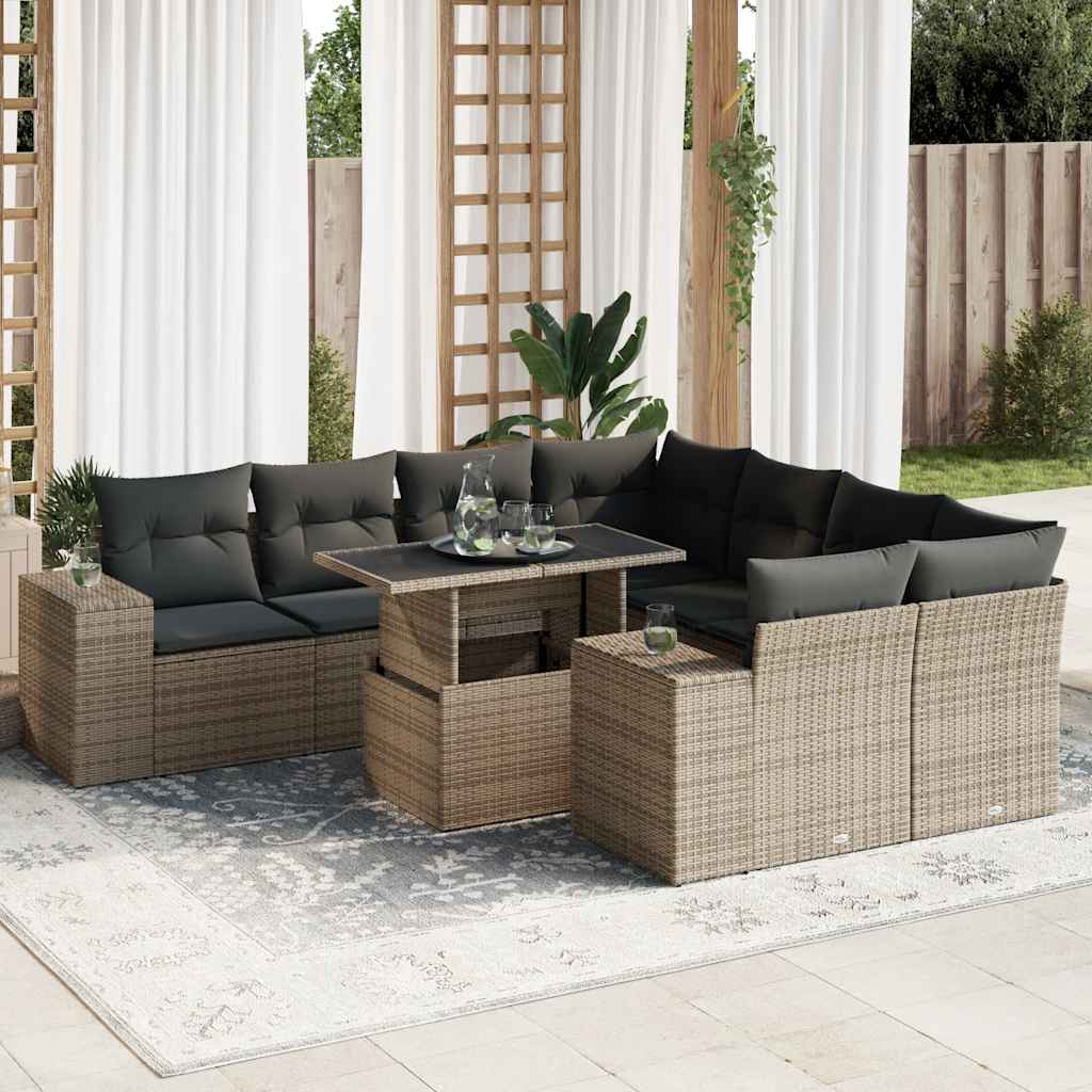 9 Pcs conjunto sofás p/ jardim com almofadões vime PE cinzento